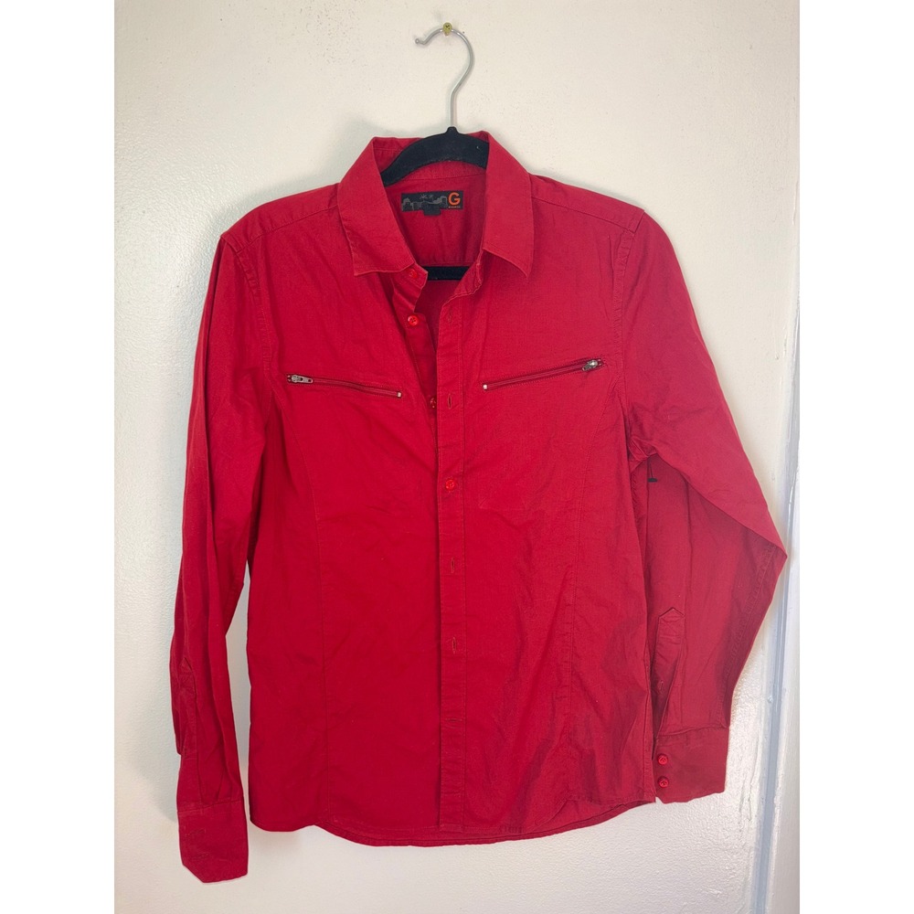 Y2K Guess Button Down Shirt Mens Sz XS Red Zipper Pockets Casual Street‎